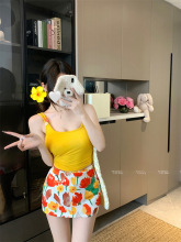 黄色花朵双肩带吊带小背心女夏季修身内搭带胸垫辣妹外穿短款上衣
