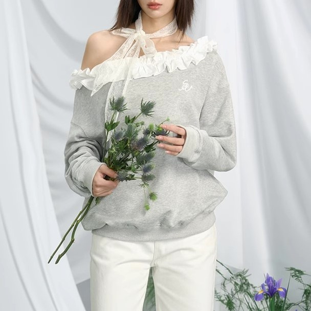 Insliisa Lace One-Shoulder Loose Niche American Retro Sweatshirt Women's Waist Slimming Look Autum Long-Sleeved Top