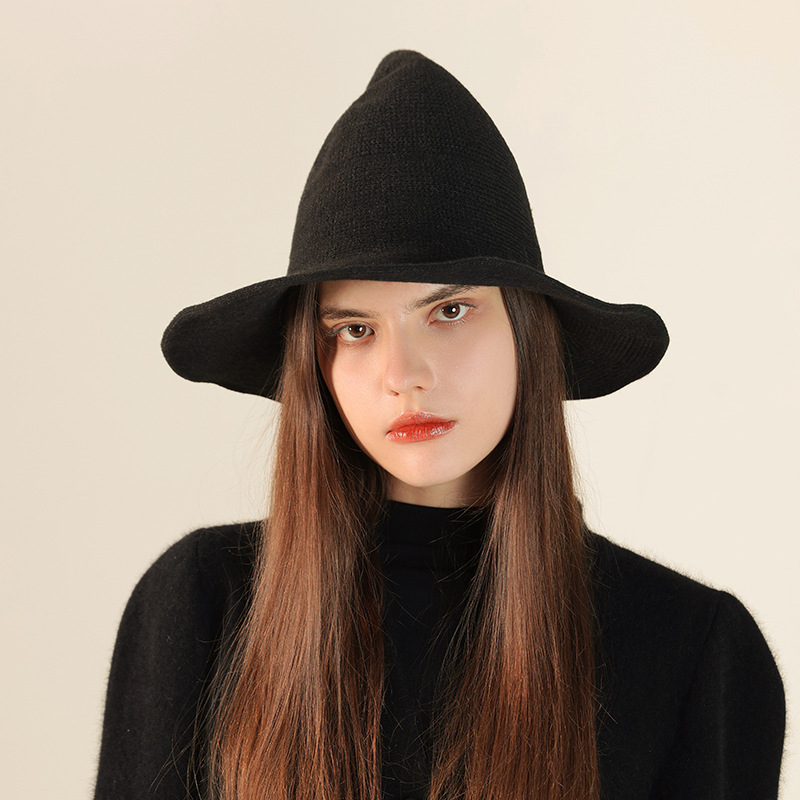 New Wool Wizard Hat, Popular Halloween Witch Hat, Cross-border Pointed Top and Large Brim Knitted Party Role-playing_voghion.com
