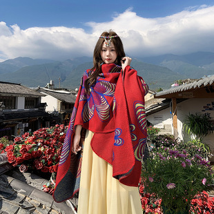 Flower Shawl Women's Spring and Summer Ethnic Style Thickeneded Warm Cloak Scarf Lijiang Travel Travel Wear Cloak