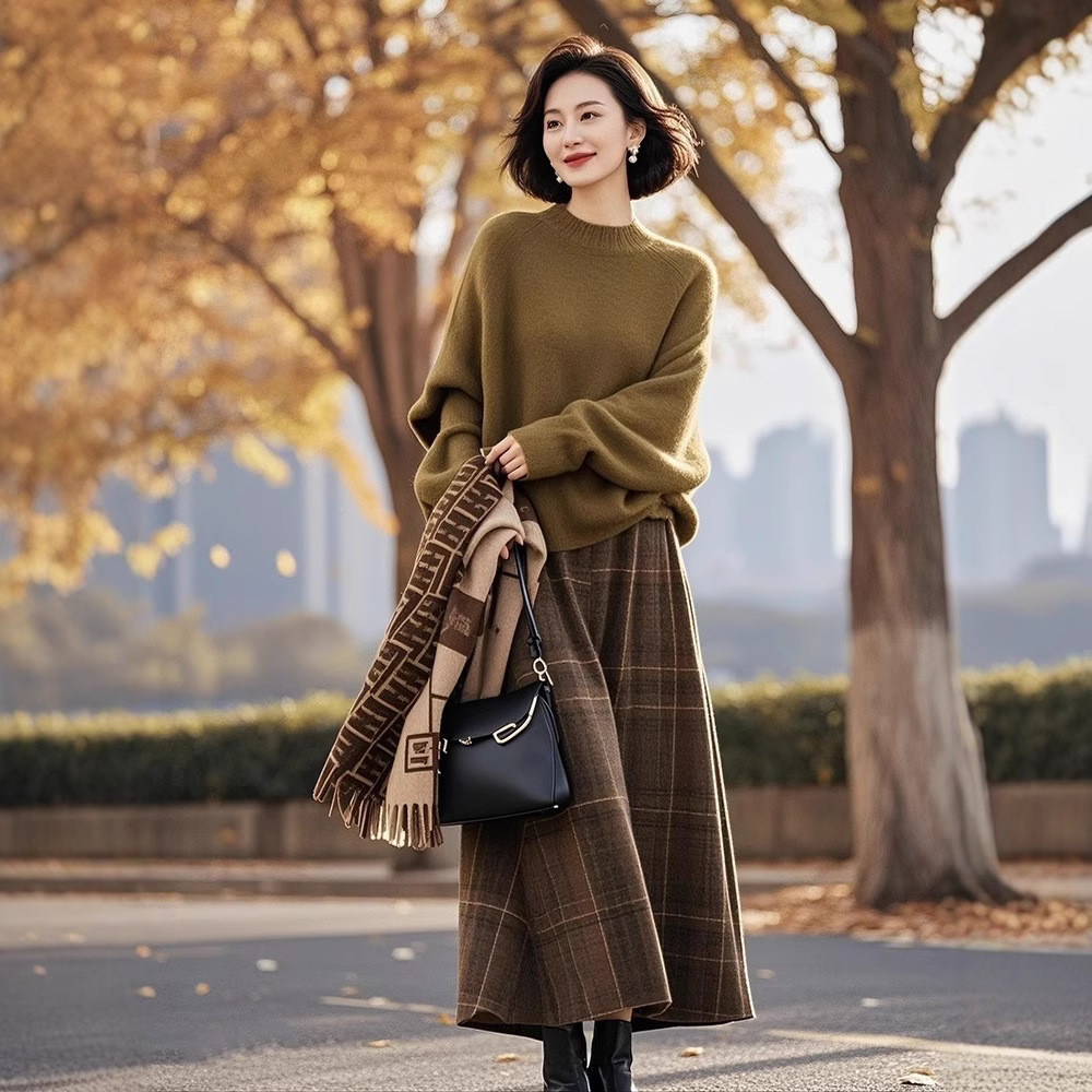 【套装】秋冬上新氛围感宽松灯笼袖毛衣菱格毛呢半身裙99335+Q191