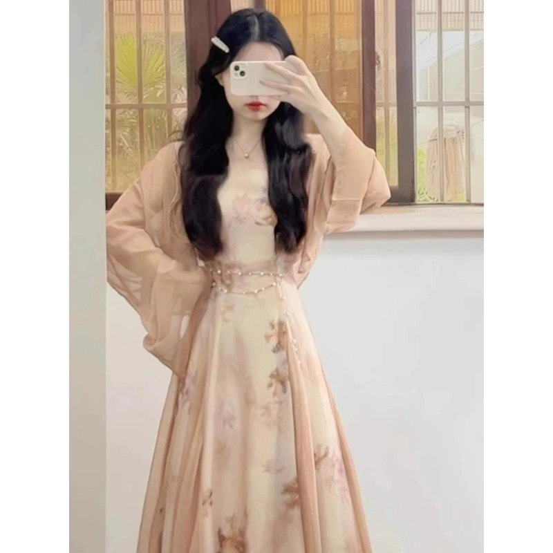 Новая высококачественная ретро-юбка на подтяжках в китайском стиле с цветочным принтом, летнее нежное стильное красивое платье с облегающей талией