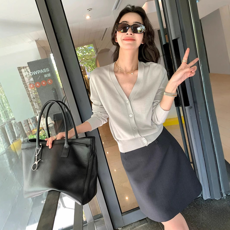 2025 Cardigan Women's V-neck Thin Tencel Knitted Sunscreen Outer Solid Color Top Long Sleeve Short Coat for Small