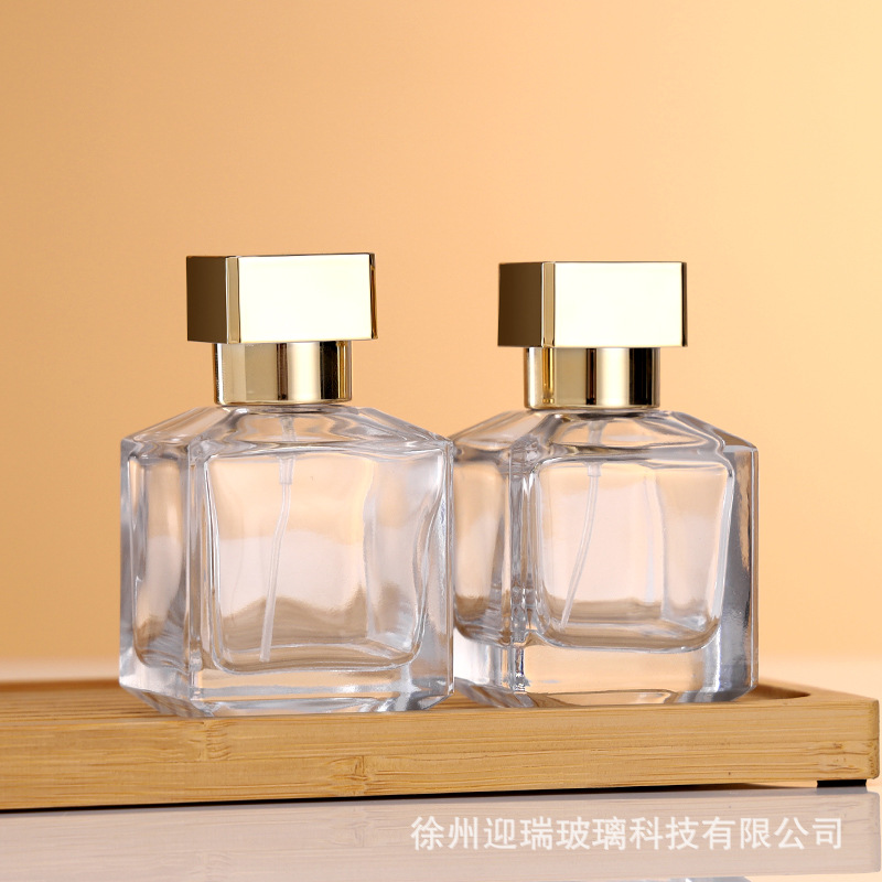 便携玻璃瓶香水喷雾瓶70ml方形卡口按压式香水瓶金色方盖玻璃空瓶