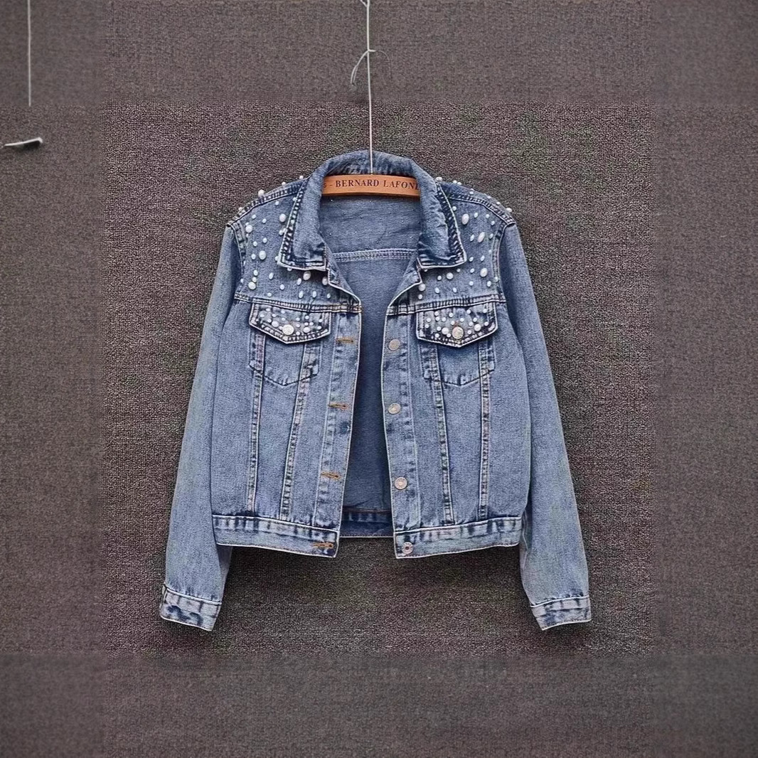 Women's Beaded Denim Jacket – European Slim Fit, Heavy-Duty Stitching (S-5XL, Light Blue & Black)_voghion.com