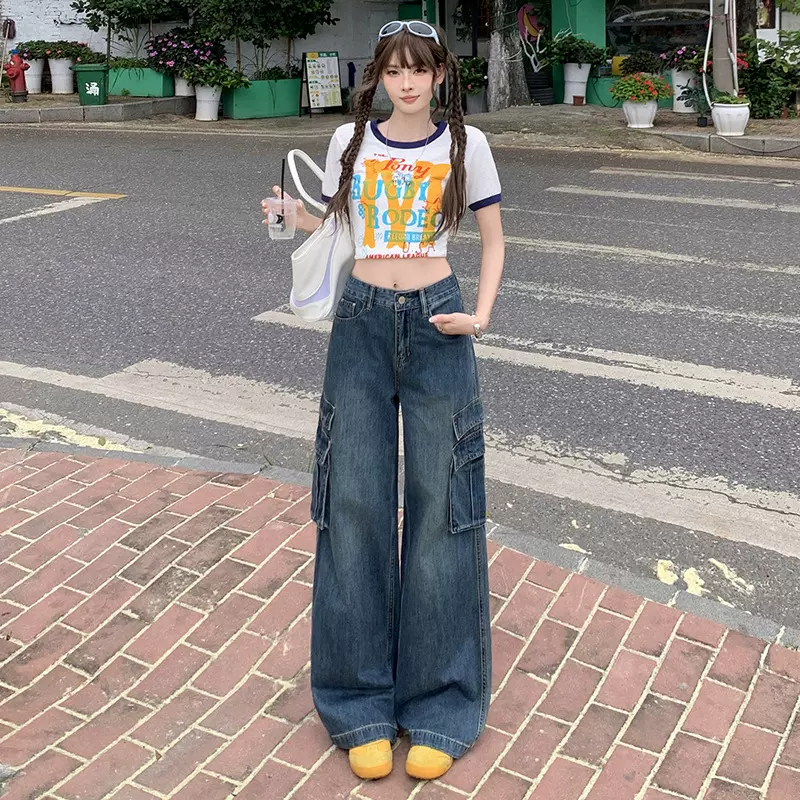复古蓝水洗工装裤牛仔裤女新款美式复古高腰直筒阔腿裤