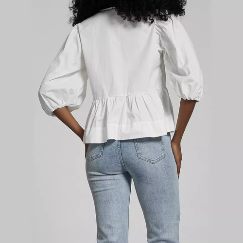 Cross-border Women's Wholesale Pastoral Style Fresh Butterfly Bow Tie White Shirt Spring and Summer 5/8 Puffed Sleeve Top