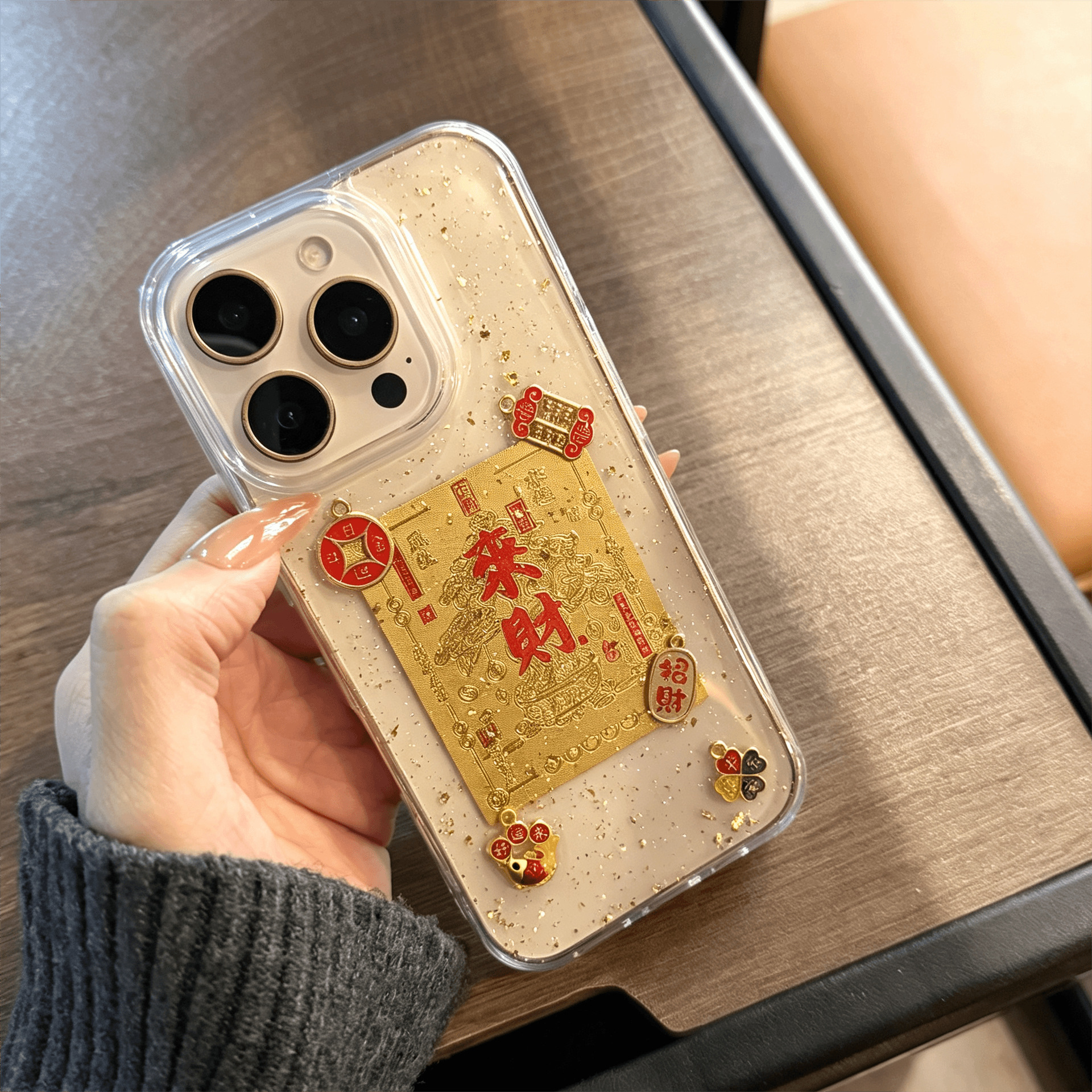 适用苹果18promax手机壳iphone17滴胶金箔来财招财16pro新款X创意