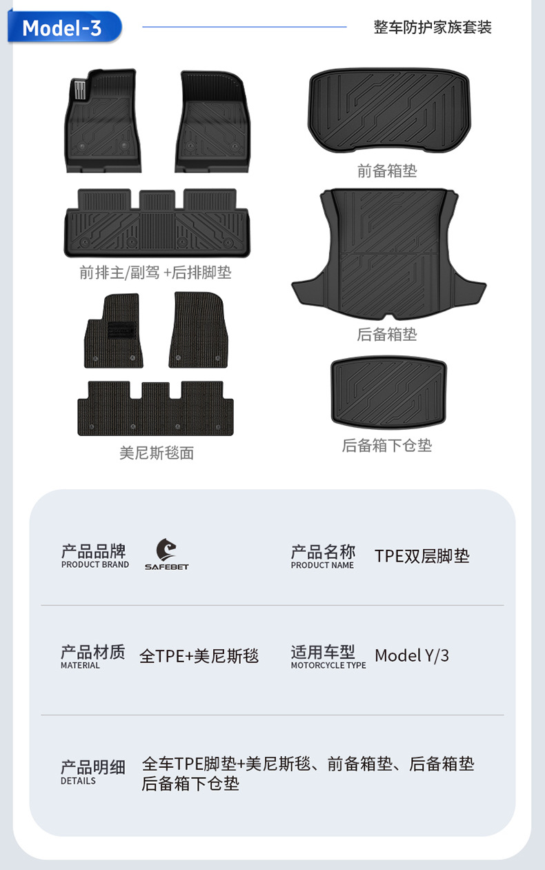 Suitable for Tesla Model Y Model 3, All-Weather Tpe Car Floor Mats and Trunk Mats