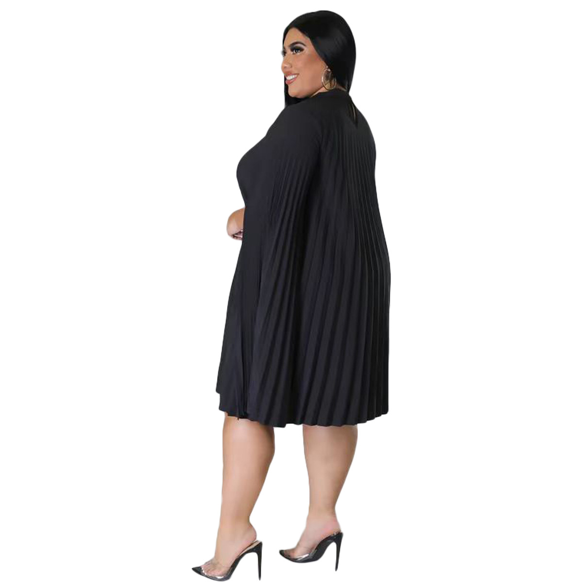 Fashion Solid Color Round Neck Long Sleeve Patchwork Polyester Plus Size Knee-Length Pleated Skirt