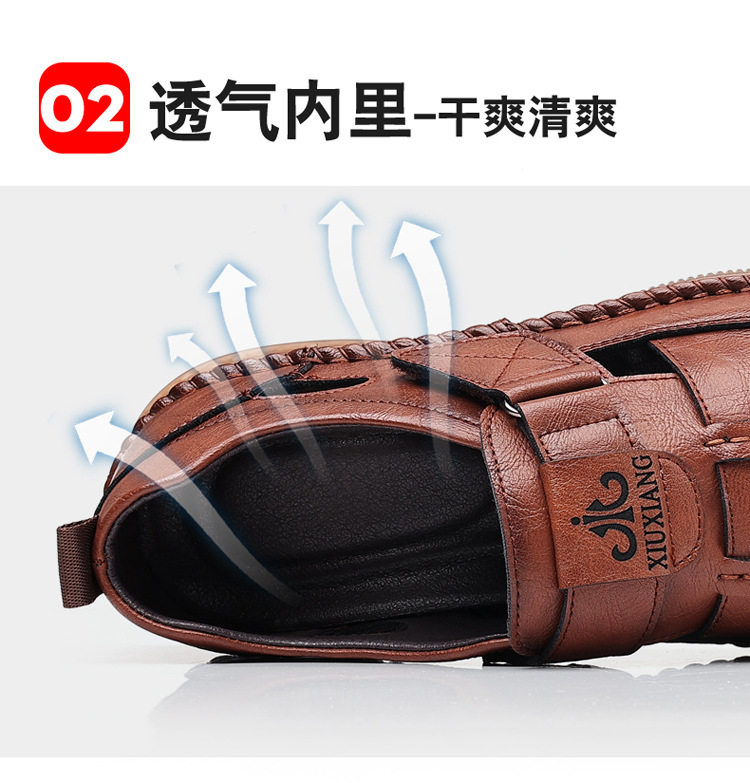 Dép sandal nam da cỡ lớn thiết kế khoét lỗ, khóa dán tiện lợi, form bít mũi — Nâu thời trang, Đen quyến rũ chi tiết 12