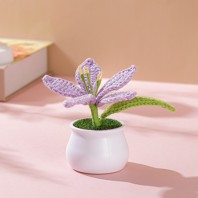 Terminado pequeña olla tejida a mano girasol lirio escritorio coche pequeña decoración regalo de cumpleaños regalo de graduación