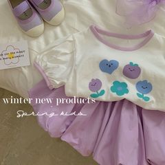 Summer Set for Girls 2023 New Korean Style Cute Baby Girl Purple Short T Top and Floral Shorts Two-Piece Set