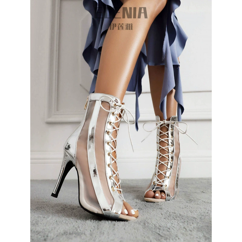 Туфли для джазовых танцев с серебряным ремешком в виде рыбьего рта, сетчатые дышащие босоножки на шпильке с открытым носком, женские танцевальные туфли на высоком каблуке