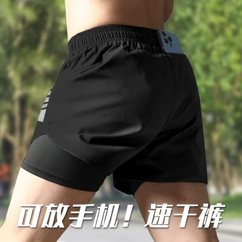 Men's running shorts for sports training, two-in-one, quick-dry, three-point summer professional marathon fitness shorts with phone pocket