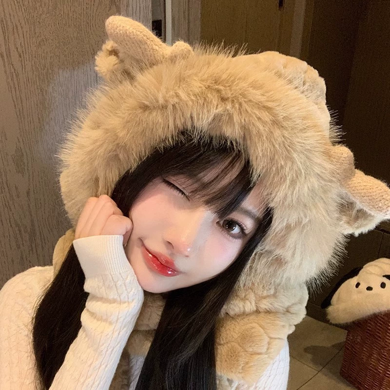 Demi-season cute scarf, velvet keep warm universal hat with hood for students, increased thickness