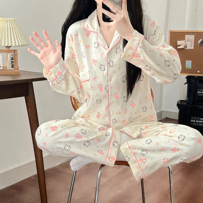 跨境直播睡衣女春秋云朵棉翻领开衫长袖长裤卡通甜美家居服女套装|undefined