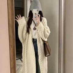 纯色长款麻花毛衣外套女2025秋冬新款韩版宽松慵懒针织衫加厚开衫