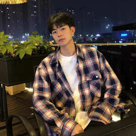 潮牌长袖格子衬衫男款春季美式字母印花情侣衬衣高街百搭休闲上衣