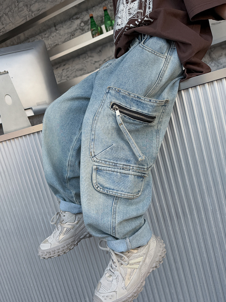 A502 Boys Denim Pocket Zipper Workwear Wide Leg Pants New Children's Miscellaneous European And American Jeans_voghion.com