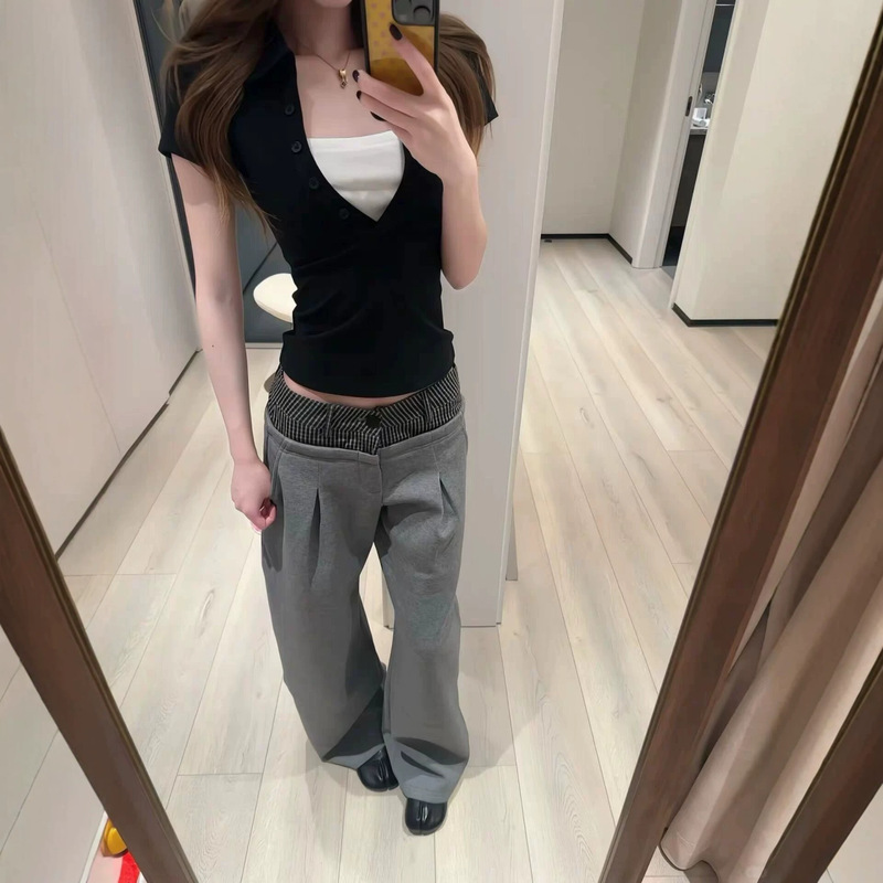 Ksxn Fake Two-Piece Color-Block Deep V-Neck Knitted Short-Sleeve Summer Slim-Fit Stretchy Versatile Polo Top for Women