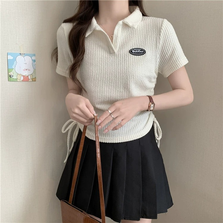 Large size American front shoulder polo neck short sleeved t-shirt for women 2024 new summer chubby mm top design_voghion.com