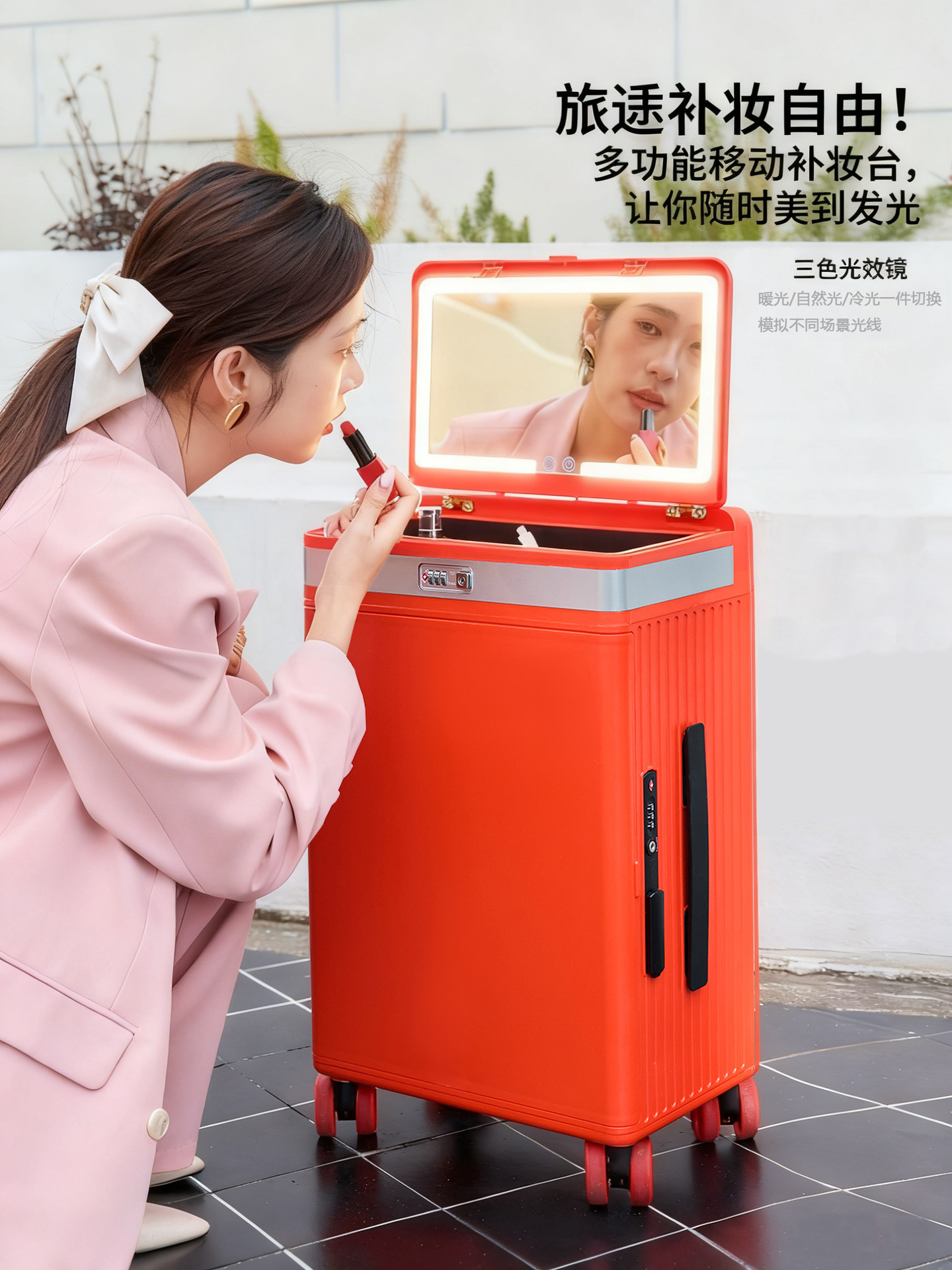 Vali kéo trang điểm có gương tích hợp đèn led, mở nắp bên hông, ngăn sâu lớn — Đêm cực đen + tay cầm đen + bánh xe đen chi tiết 30