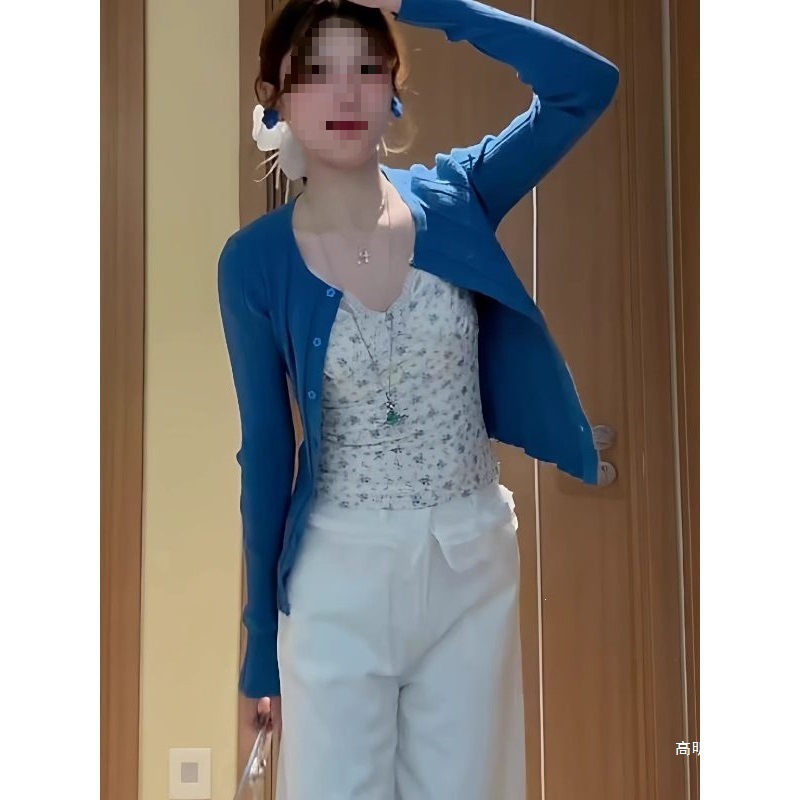 蓝色针织开衫外套女2026早春季新款修身短款显瘦韩系百搭辣妹上衣