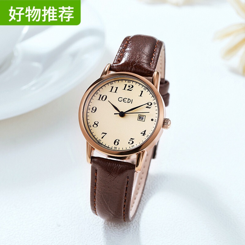 New Fashion Style Simple Korean Style Women's Watch Retro High-End Round Leather Strap Student Quartz Watch Cross-Border