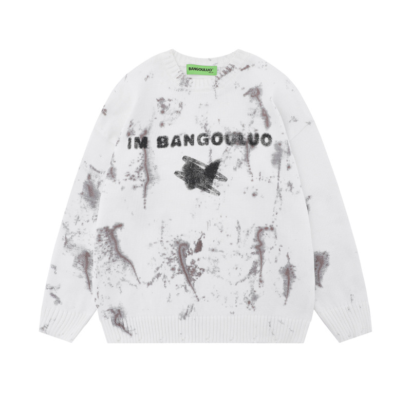 Herrenbekleidung gebratener Retro-kreativer hochwertiger lockerer Batik-Herrenmode-Marken-Straßen-beiläufiger Lazy-Style-Pullover_voghion.com