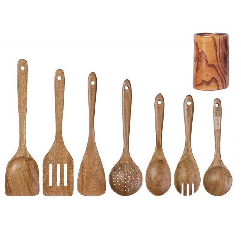 Set de madera de teca horquilla de madera sólida horquilla antiadherente horquilla de madera de acacia cocina utensilios de cocina de mango largo horquilla de verduras pala de cocina conjunto de varias piezas