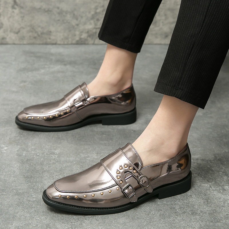 Cross-border 46 puntos brillantes de doble aguja zapatos de hebilla de cuero para hombres británicos peluqueros casuales Rolex zapatos punk zapatos de boda