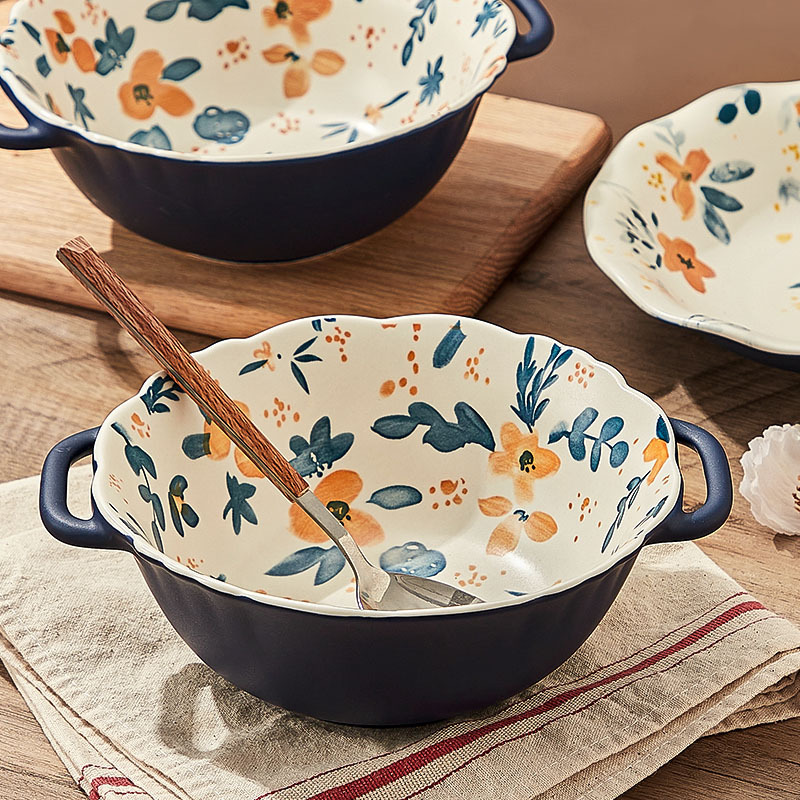 Double-ear soup bowl large household ceramic large Bowl ramen bowl Japanese tableware instant noodle bowl snail powder bowl soup basin