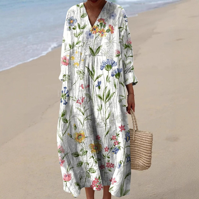 2025 Cross-Border Independent Station Amazon Long-Sleeved Shirt Dress Women's Casual Floral 3D Printed Sleeve Long Skirt