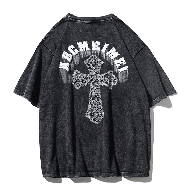 Nueva High Street Inglés de espuma impresa de manga corta Camiseta de los hombres y las mujeres de la marca de moda 270g de algodón suelto lavado apenado superior