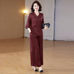 お母さんの夏のファッションの2つのセットの新型の中高年の女性の夏服の洋風の袖の国風の上着の広い足のズボンのスーツ