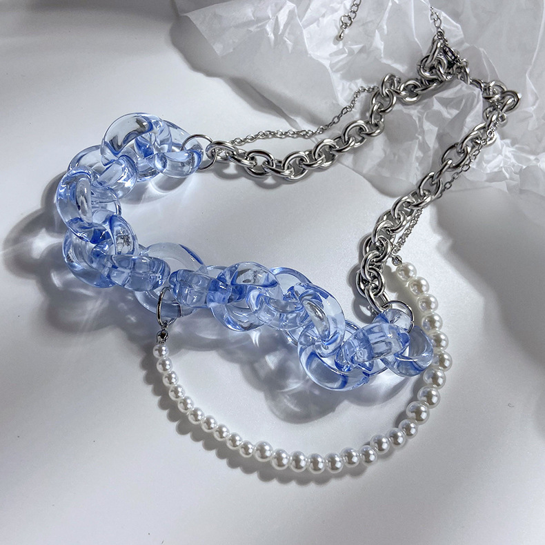 Wholesale Fashion Translucent Blue Crystal Pearl Chain Double-layer Necklace Nihaojewelry display picture 3