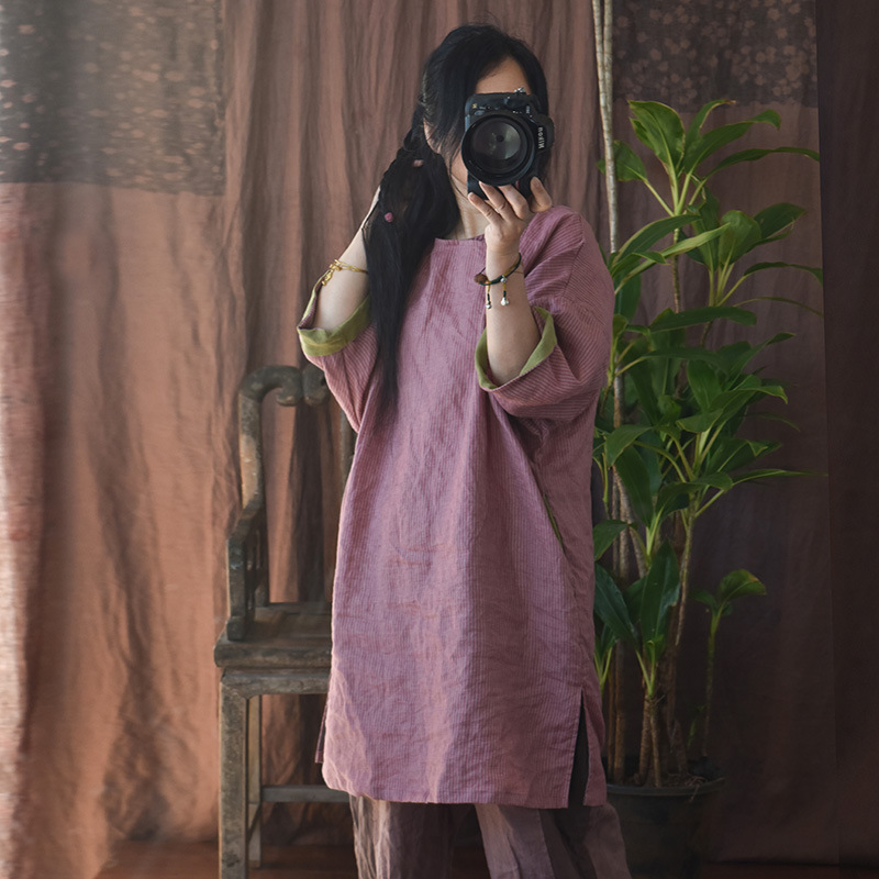 Hyacinth/Original Stripe Color Contrast Slant Placket Hand-stitched Buckle Retro Loose Gown Patchwork Midi Dress