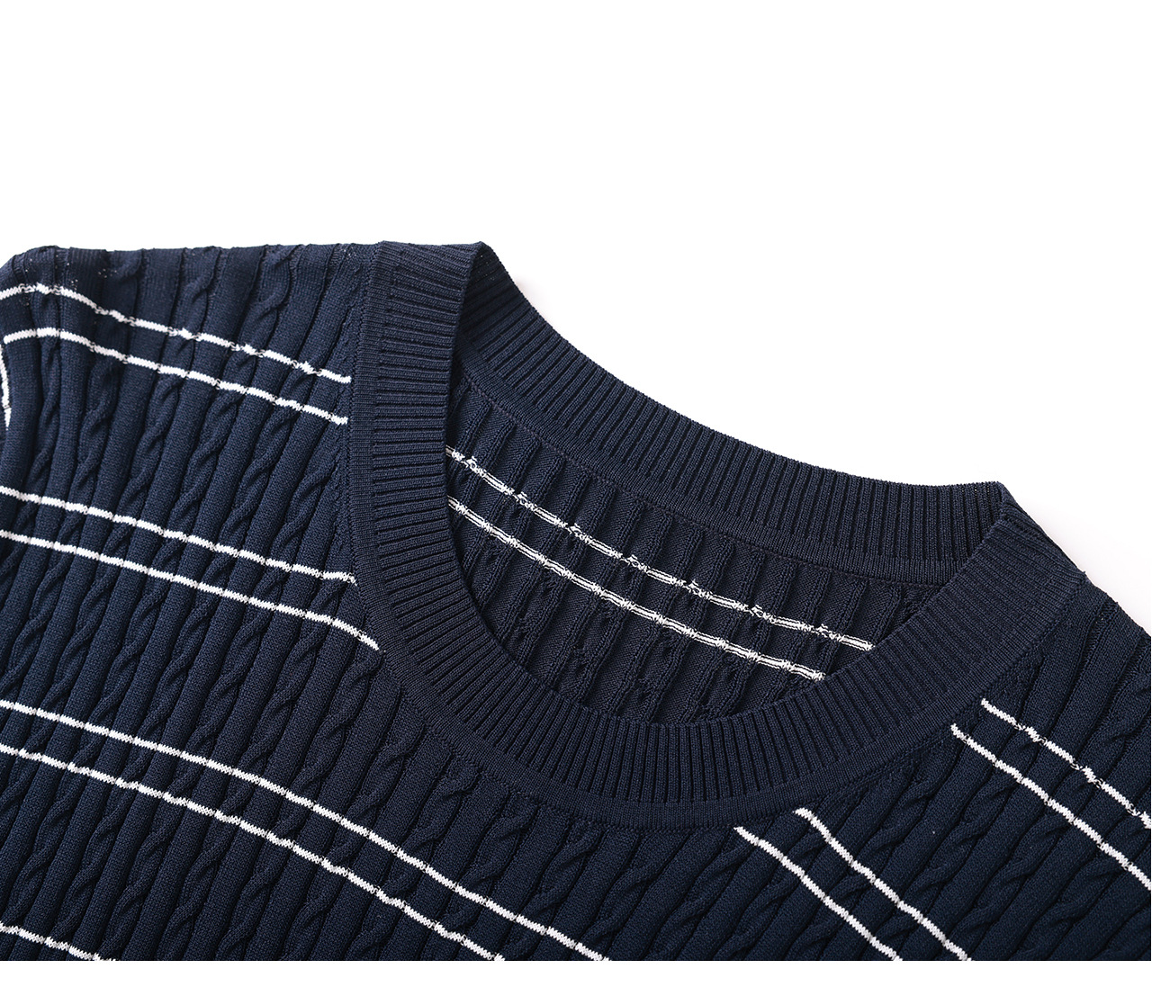 Áo thun dệt kim tay ngắn cổ tròn họa tiết sọc vintage nữ — màu xanh navy chi tiết 28