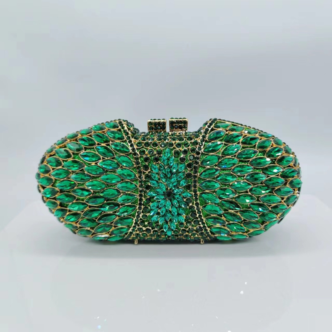 Túi clutch nữ đính đá dạ hội hộp cứng kim loại rỗng — Xanh ngọc lục bảo, Vàng pha lê, Hoa violet, Màu bạc chi tiết 1