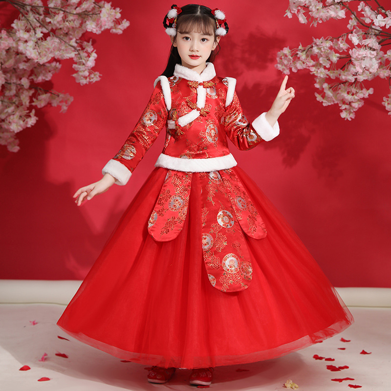 2021冬季新款女童汉服中国风童装小女孩加绒加厚红色拜年服套装