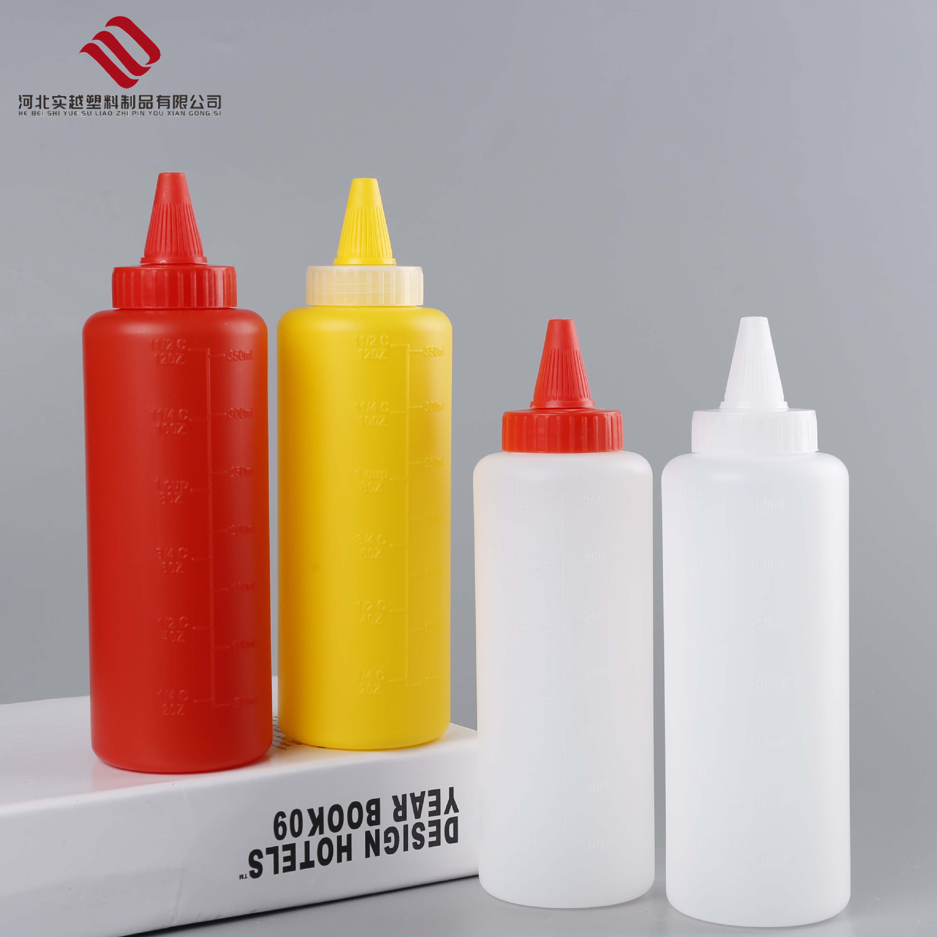 现货350ml沙拉挤酱瓶厨房果酱塑料瓶350毫升塑料带刻度尖嘴挤压瓶