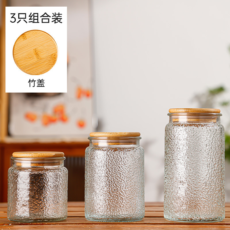Hogar vintage Begonia flor realzada snack caramelo almacenamiento tarro bambú cubierta americana cocina transparente vidrio sellado frasco