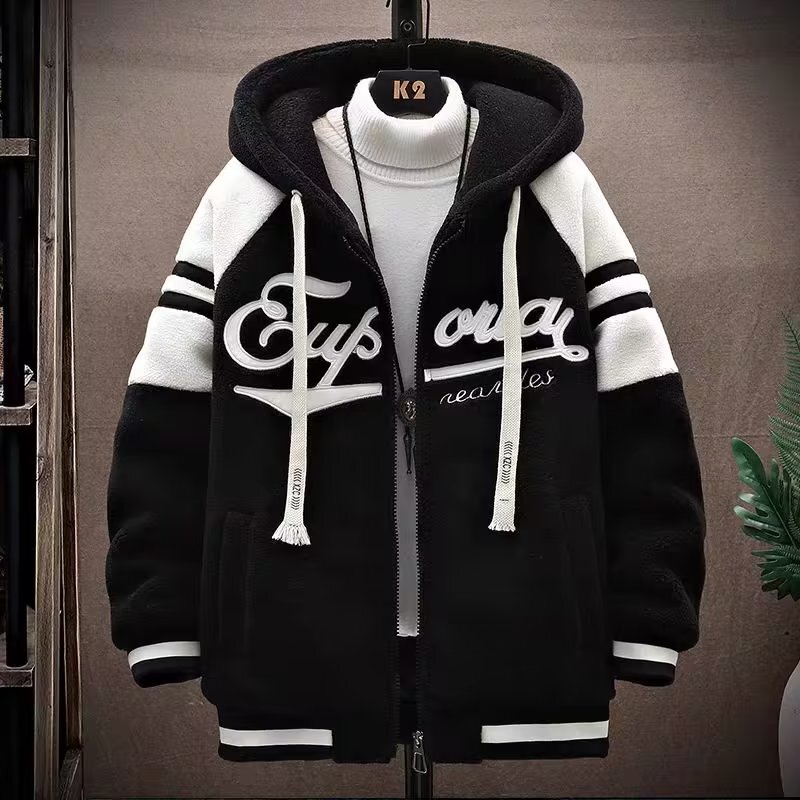 Lambskin Jacket Men's Fashionable Loose plus size Autumn and Winter Student Thickened Hooded Jacket Youth Baseball Suit