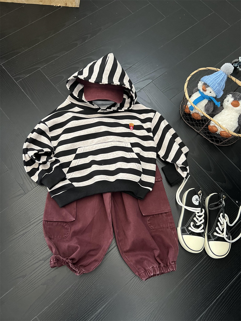 Felpa con cappuccio a righe con patatine fritte americane per bambini, per ragazzi e ragazze, stile autunnale, felpa con cappuccio a maniche lunghe_voghion.com