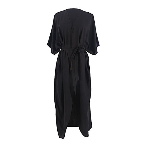 European and American cotton solid color with belt beach robe sexy open shirt loose with belt vacation bikini outer robe