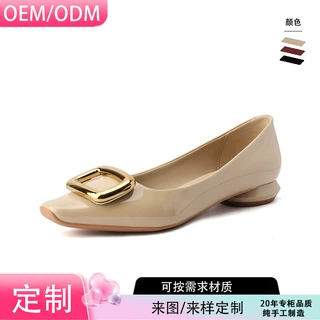 小单定制款 7318-15 方扣单鞋女漆皮方头粗跟浅口平跟平底鞋羊皮