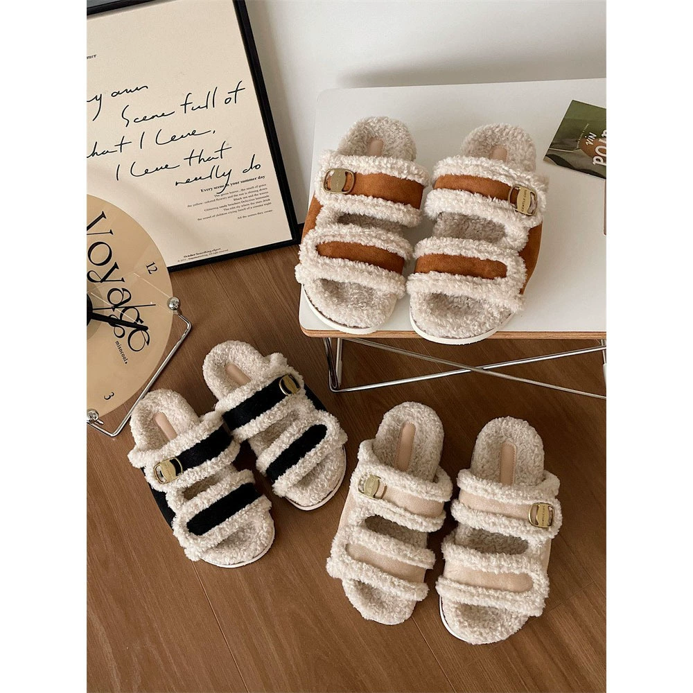 Тапочки на плоской подошве Zhao Lusi 2023, Новинка осени и зимы, повседневная обувь с открытым носком, женская обувь с пряжкой