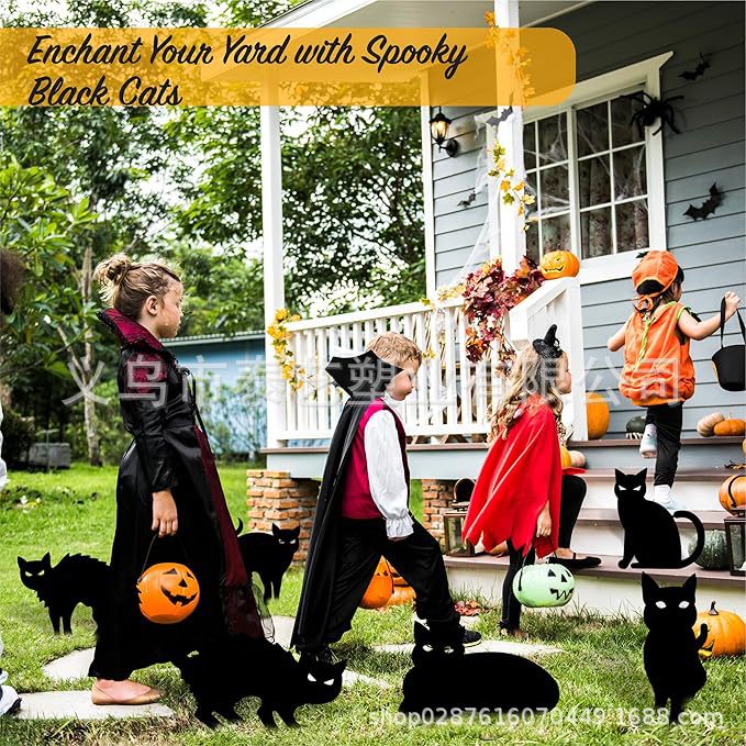 万圣节黑猫庭院标志带夜光眼睛,恐怖剪影草坪标志带桩子,户外庭院
