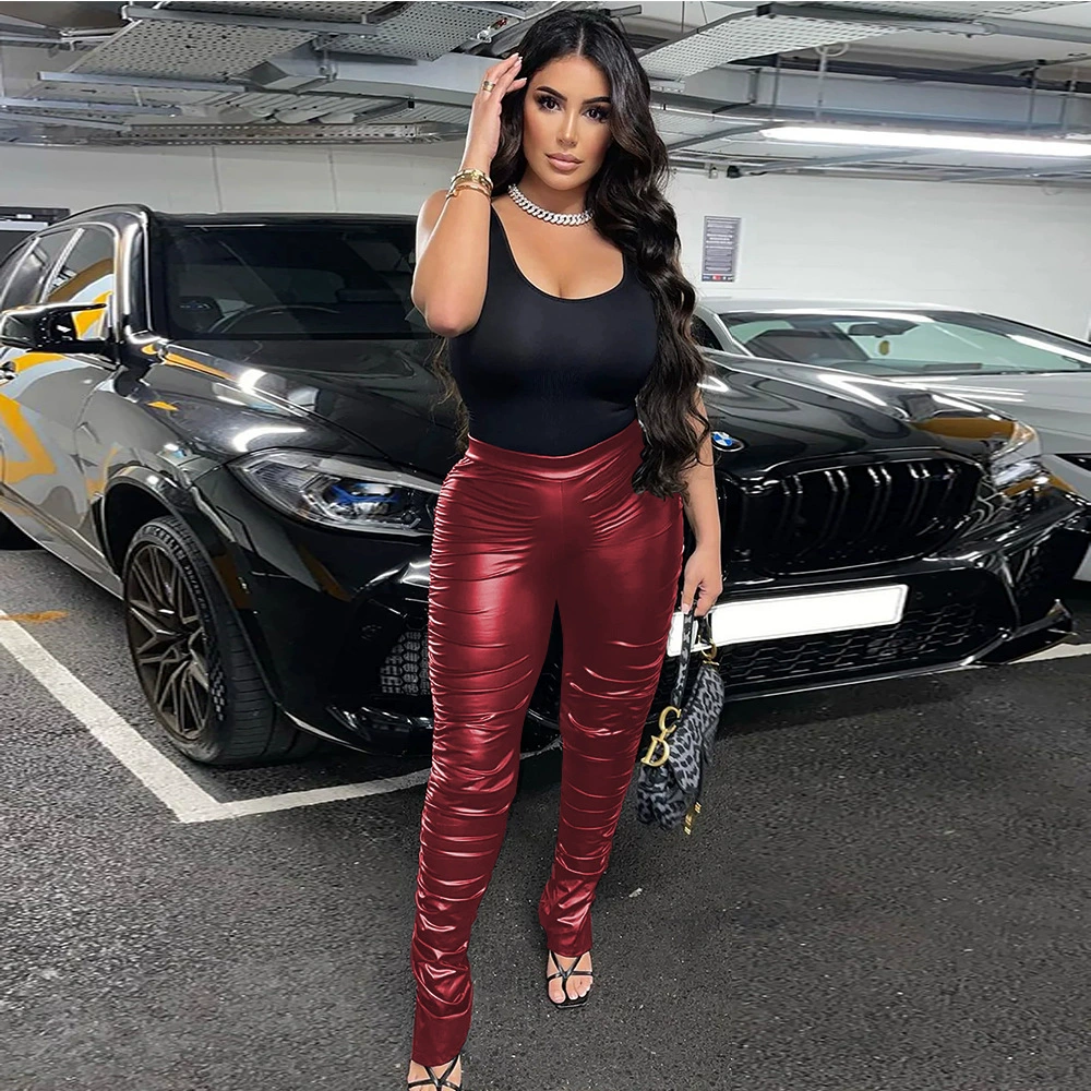 Европейские и американские ветры pu кожаные брюки женские сексуальные узкие модные трансграничные укладки брюки с высокой талией брюки кожаные брюки женские PK40